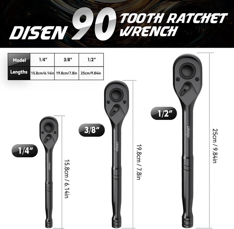 DISEN 3PCS Black Ratchet Set (1/2", 3/8", 1/4" Drive) - 90-Tooth Contour Handle, Black Oxide Finish with Reversible Quick Release & EVA Tray - Industrial Ratchet Wrench Kit - Image 3